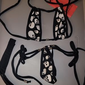 NWT Handmade Skull Print Teardrop Top Teardrop Tie-Side Thong Bottom Bikini